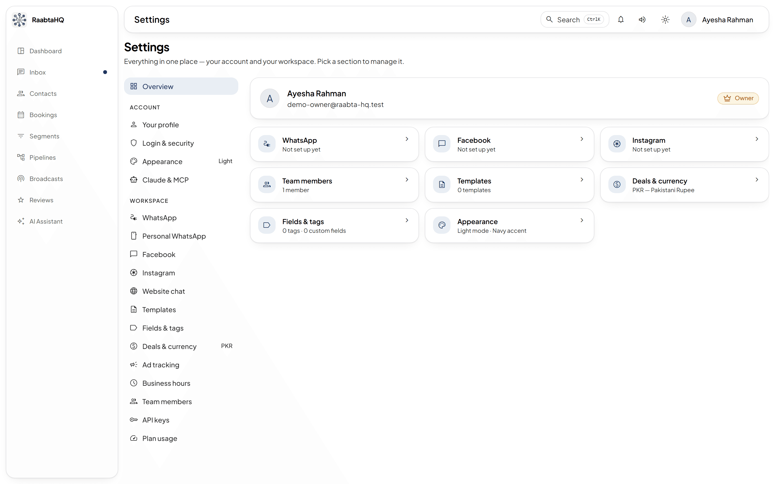 Account settings in RaabtaHQ, covering channels, team, fields, templates and API keys.